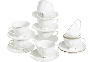 PRECITIME White Ceramic Tea Cup and Saucer Set of 8 (16-Piece) - 6oz Elegant Porcelain Cups with Gold Rim, 8 Cups & 8 Saucers