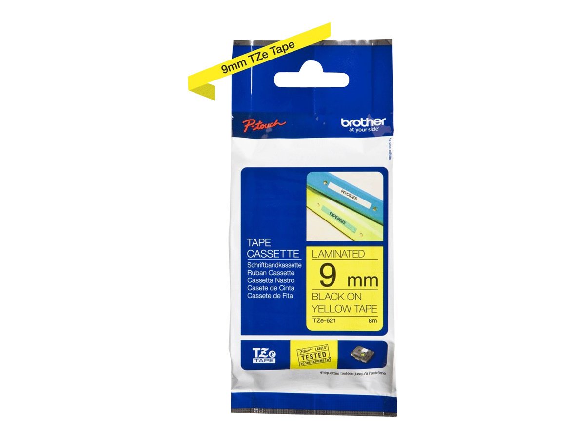 Brother TZe-621 Labelling Tape Cassette, 9 mm (W) x 8 m (L), Laminated, Brother Genuine Supplies - Black on Yellow