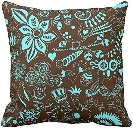 Fashion Design Pillowcases Two Sided-Brown And Aqua Flower Birds Butterfly Rabbit Heart Owl Leaf Throw Pillow Cases Home Decor Coshion Cover 20X20 Inch