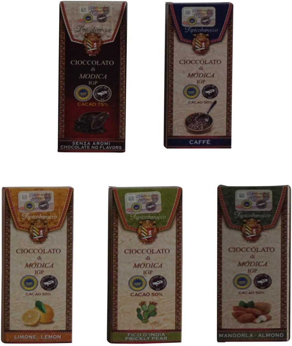 Tipicobarocco: Modica Chocolate Set of 5 Different Flavors (Coffee, Almond, Without Aromas cocoa 75%, Prickly Pear, Lemon) 3.5 oz 100gr Each