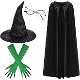 4 Pcs Halloween Green Witch Costume Include Black Witch Hat,Black Cape,Glasses and Gloves for Women Movie Character Dress Up
