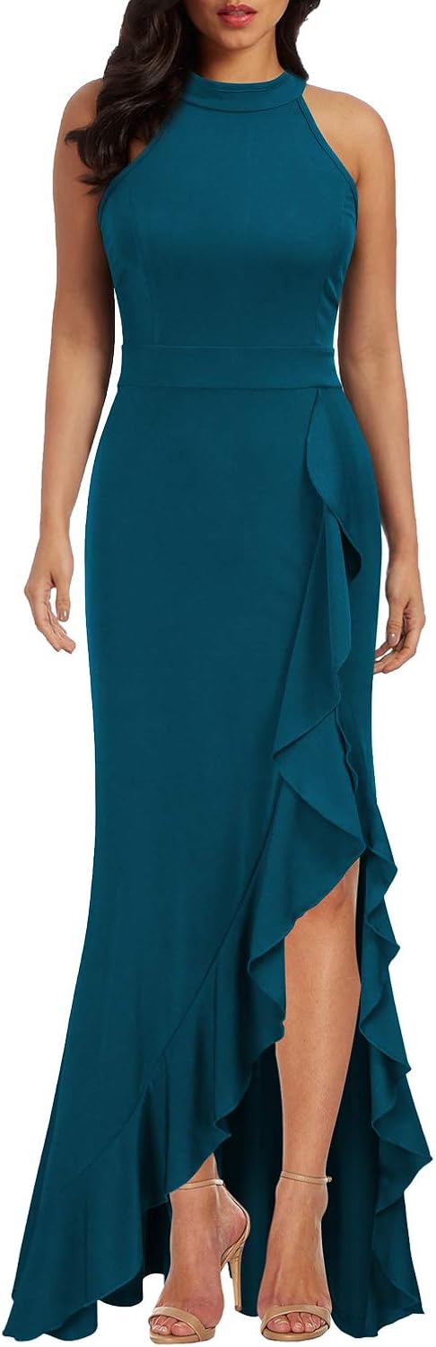 WOOSEA Women's High Neck Split Bodycon Mermaid Evening Cocktail Long Dress: Clothing