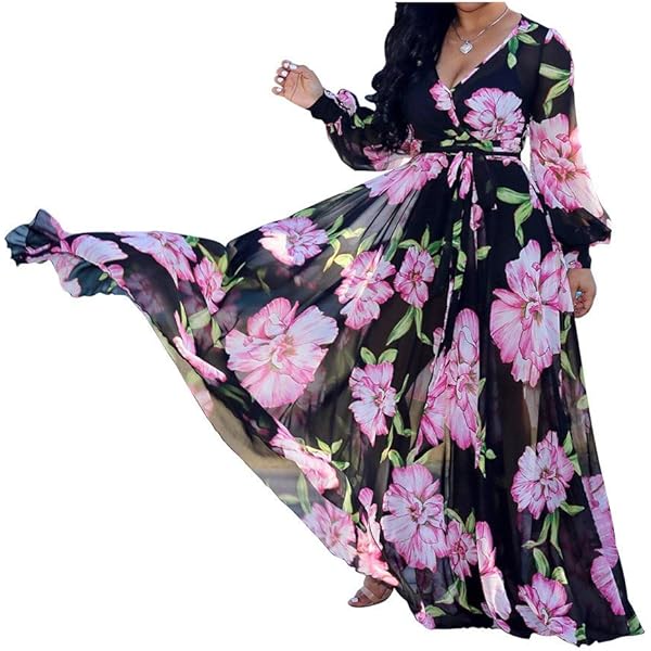 新品未使用　mite pepuramu chiffon tp Nuofengkudu Womens Chiffon Deep V-Neck Stripe Printed Maxi