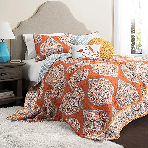 5 Piece Orange Damask King Size Quilt Set, Beautiful Grey Geomectrical Motif Floral Boho Chic