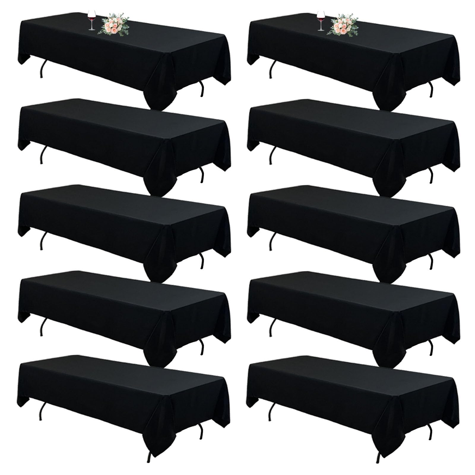 Photo 1 of 10Pack Black Table Cloths for 8 Foot Rectangle Tables 60 x 126 Inch, 8FT Black Tablecloth Rectangle Bulk Linen Polyester Fabric Washable Cloth Cover for Wedding Reception Banquet Birthday Party