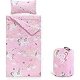 Wake In Cloud - Sleeping Bag Zippered, Nap Mat with Matching Pillow for Kids Boys Girls Sleepover Overnight Travel Slumber Bag, White Unicorns Printed on Pink, 100% Soft Microfiber