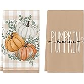 Artoid Mode Eucalyptus Leaves Hello Pumpkin Fall Kitchen Towels Dish Towels, 18x26 Inch Seasonal Decoration Hand Towels Set of 2