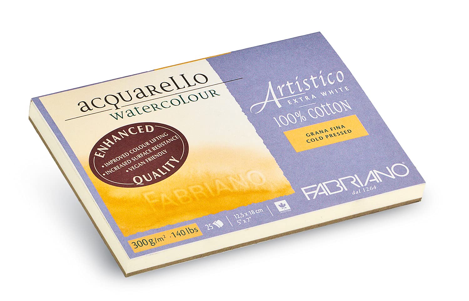 Honsell Fabriano Artistico Acquarello Watercolour, Extra White, Fine Grain Cold Pressed, 12.5 x 18 cm, 25 Sheets 300 g/m², High-Quality Artist Watercolour Cardboard, Pad Glued on 4 Sides, Vegan