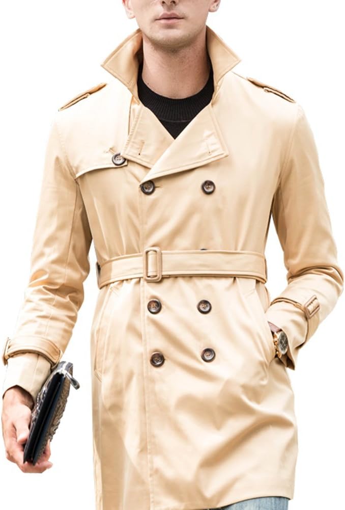 Men's Trench Coat Belt Spring Thicken Double Breasted Jacket Overcoat Outwear