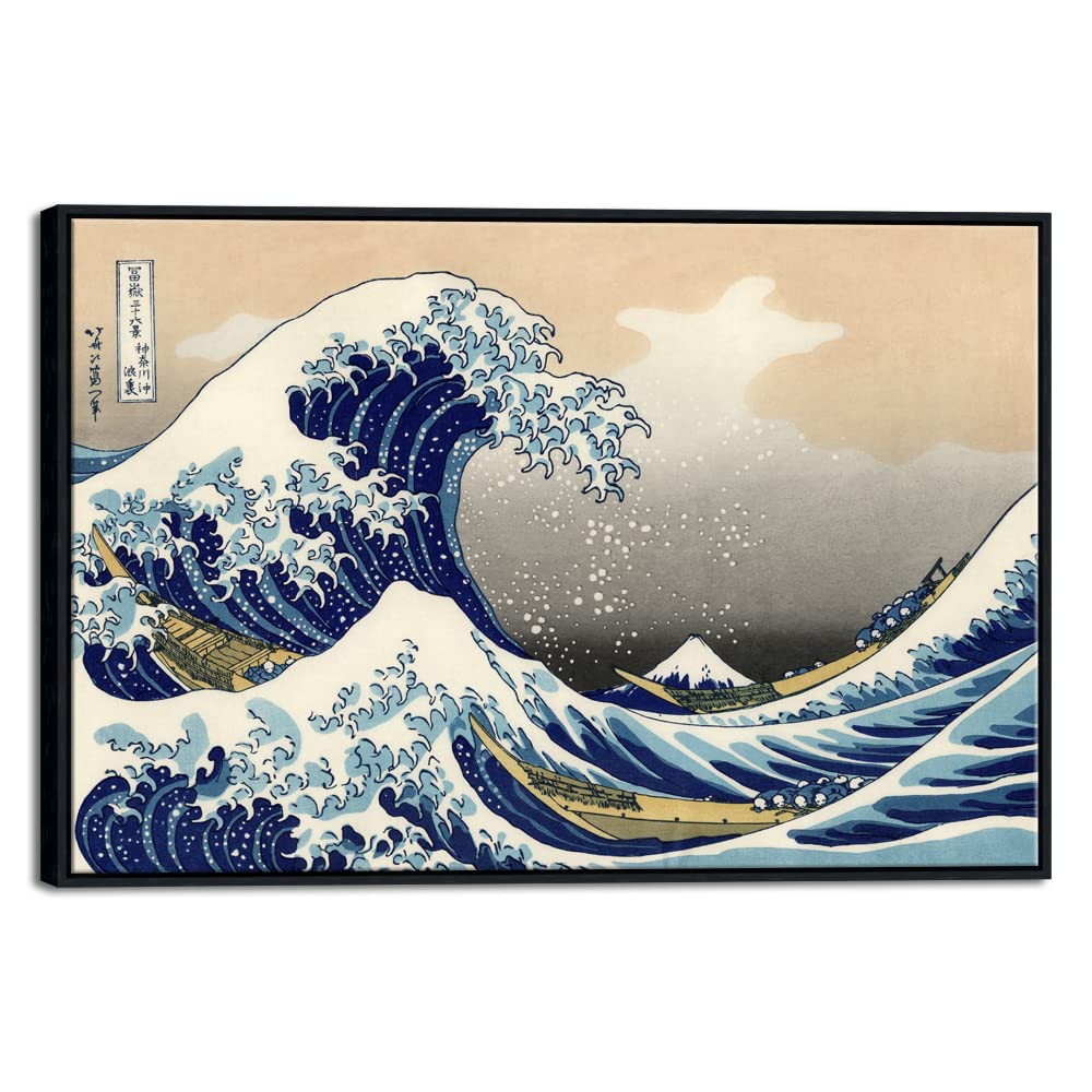 Wieco Art Framed Wall Art Canvas Prints Ocean Beach Picture Paintings for Home Office Decorations Wall Decor Great Wave of Kanagawa Katsushika Hokusai Modern Landscape Sea Artwork