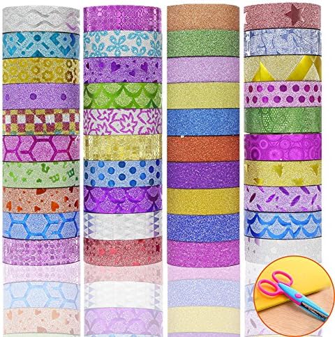 JUSLIN 40 Rolls Washi Tape, with DIY Scissors of Flower Lining, Perfect Handicrafts, for Decorating Scrapbook, Gift box, Album, etc.