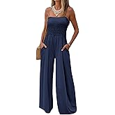 AUXDIO Womens Casual Strapless Summer Jumpsuits Loose Off Shoulder Smocked Sleeveless Wide Leg Romper with Pockets