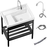 28inch Laundry Room Sink,Ceramic Utility Sink with Washboard Set,Freestanding Sink with Cold and Hot Water Faucet, Hoses and Drain Kit for Laundry Room, Basement, Outdoor and Indoor