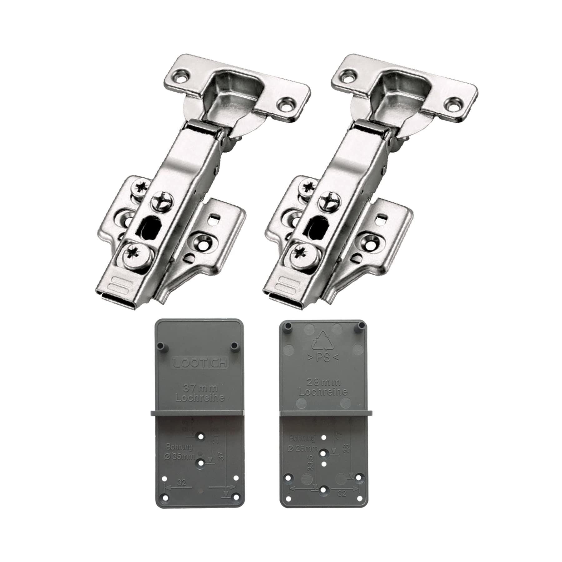 LOOTICH 95 Degree 3-Way Adjustment Clip-on Full Overlay 35mm Soft Close Hinge with Hydraulic Damper for Kitchen Cabinet Cupboard Wardrobe Door Hinges with Drilling Template Pack of 2