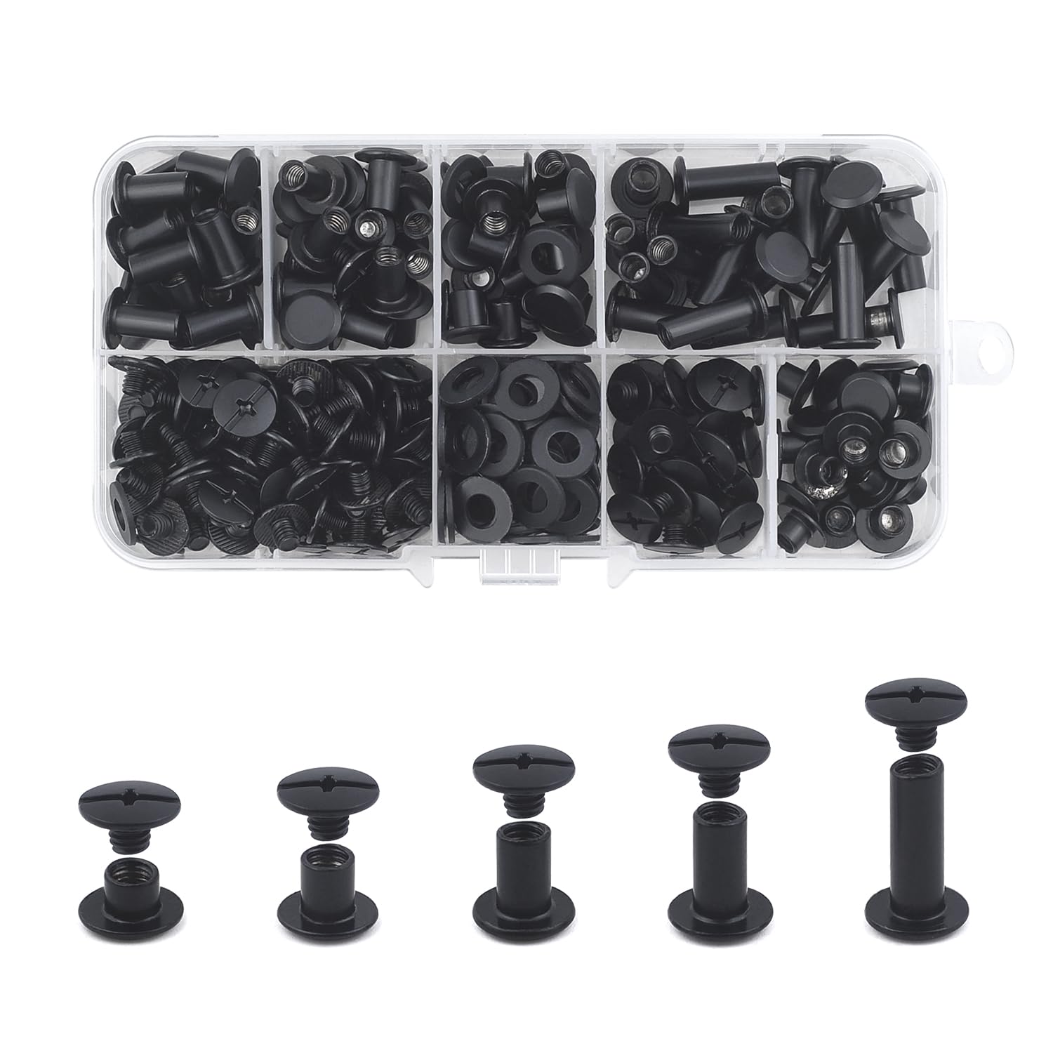 JINTANG 100 Sets Chicago Screws M5*4/6/8/10/15mm Chicago Book Binding Screws Rivets for Leather Metal Rivet Replacement Repair for DIY Book Scrapbook Bookbinding, Bags,Collars(Matte/Dark Black)