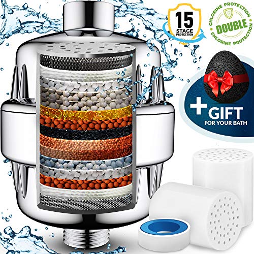 15 Stage Shower Water Filter to remove Chlorine Fluoride Lead - 2 Cartridge for Showerhead filters - Filtered showers head softener for hard water - Chrome