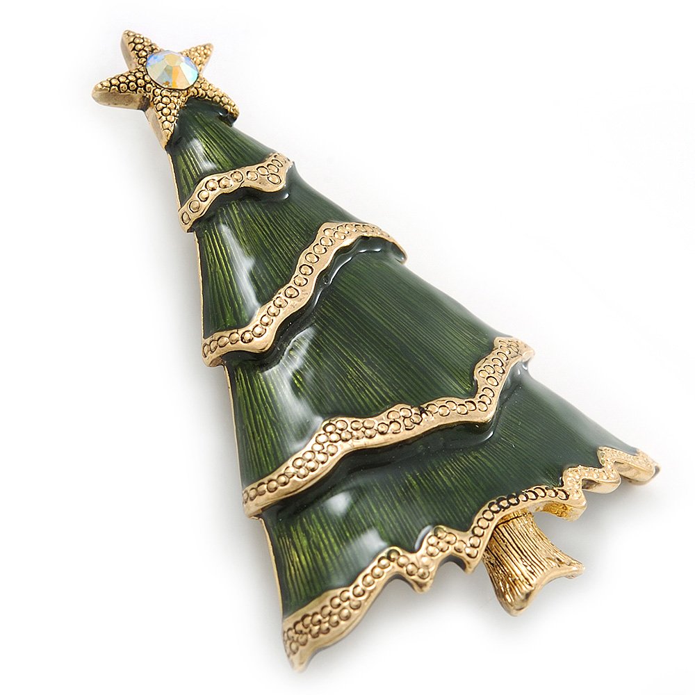 Green Enamel 'Christmas Tree' Brooch In Gold Plating - 6cm Length