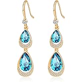 Austrian Crystal Halo Double Teardrop Hollow Drop Dangle Earrings for Women 14K Rose Gold Plated Hypoallergenic Jewelry