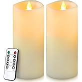Enpornk 7” x 3” Flameless Candles, Flickering Moving Flame LED Candles, Battery Operated Candles with Remote and Timers, Ivory White, Set of 2