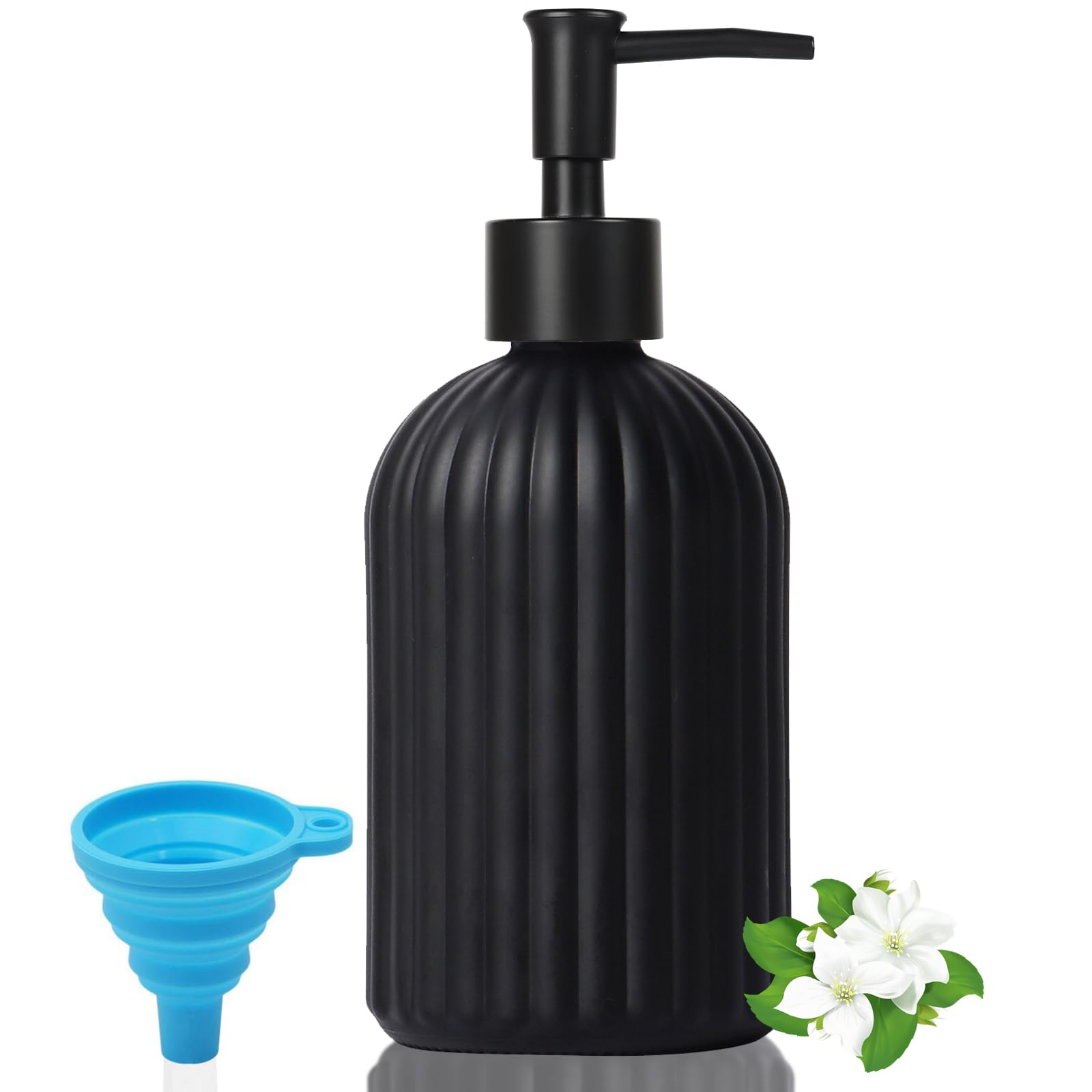 GKSCXEXE 400ml Glass Soap Dispenser with Funnel & Plastic Pump, Black Liquid Hand Soap Dispenser for Bathroom & Kitchen, Refillable Pump Bottle Dispenser for Dish Soap, Lotions, Essential Oil, Shampoo