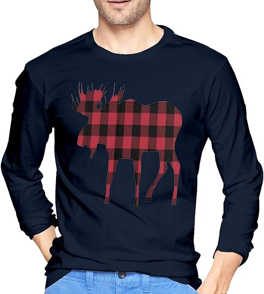 Men's Buffalo Plaid Moose Lumberjack Crew Neck Tee,Novelty Long Sleeves T-Shirt M Navy: Amazon 