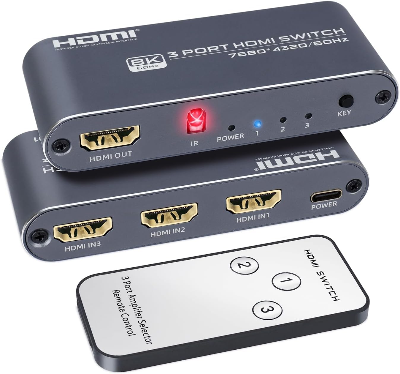 3 in 1 out HDMI Switch 8K 60Hz/4K 120Hz, 3 Port HDMI Switcher with IR Remote Control, Compatible with PC, Xbox, HD Players, Blu-Ray Players, etc.