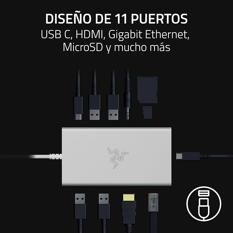 USB-C Dock - 11 Puertos con HDMI, Gigabit Ethernet, Puerto de Audio de 3,5 mm, USB-A y -C, Compatible con Windows y Mac (Salida de Pantalla con 4K, Sonido Envolvente 7.1) Mercury