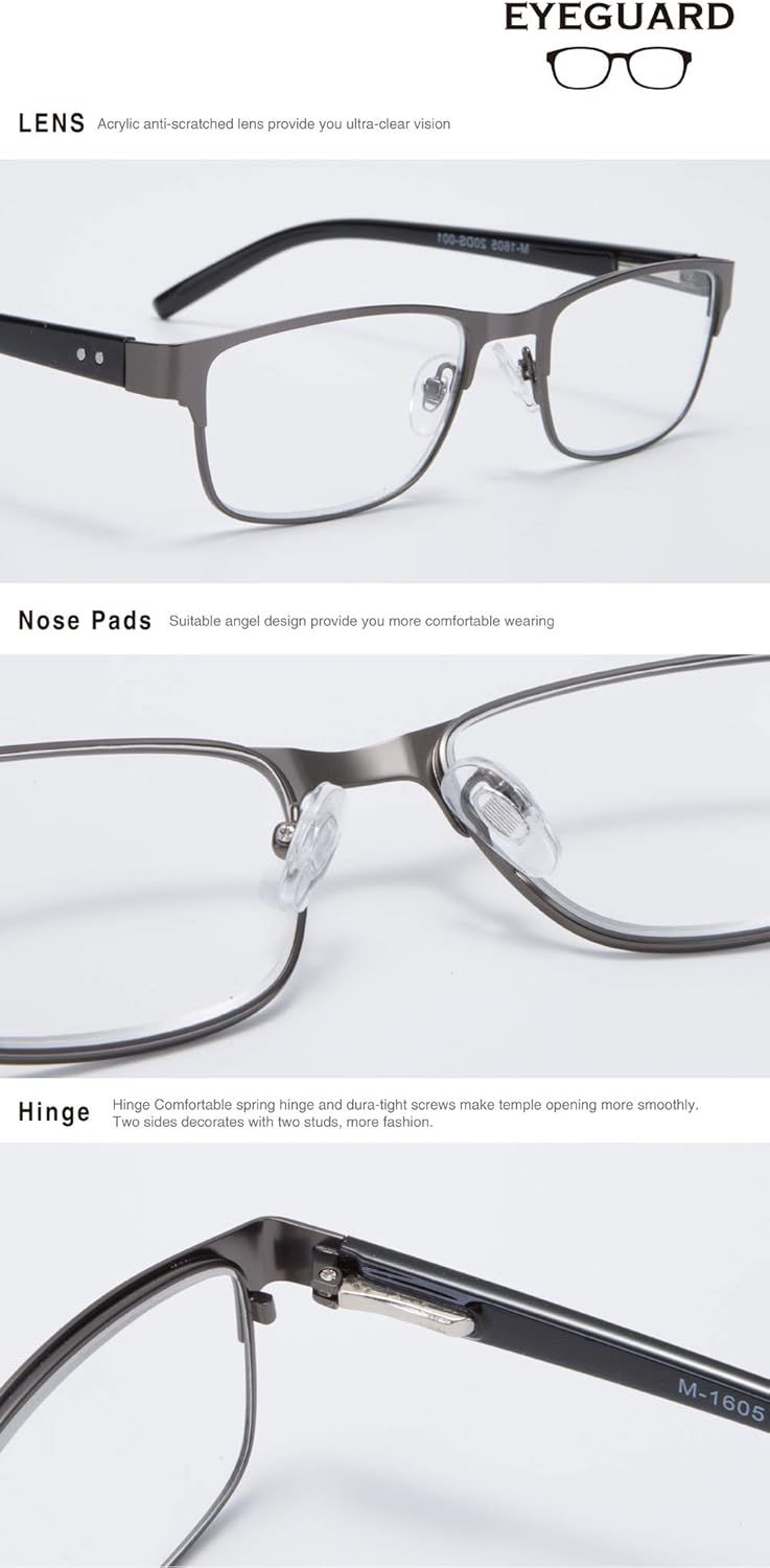 EYEGUARD Mens Reading Glasses, 1 Pair Rectangular Lightweight Metal Readers for Men(+1.50 Magnification), Grey - Image 5