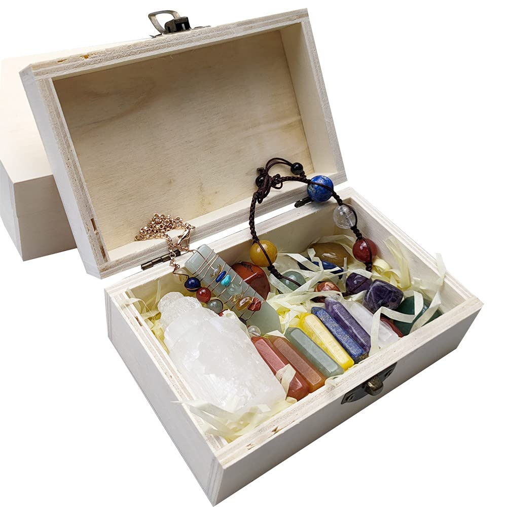 17pcs Natural Healing Crystals Set in Wooden Box, Chakra Crystal Wands Point, Tumbled Stones, Selenite Tower, Chakra Pendulum & Bracelet Balancing Meditation
