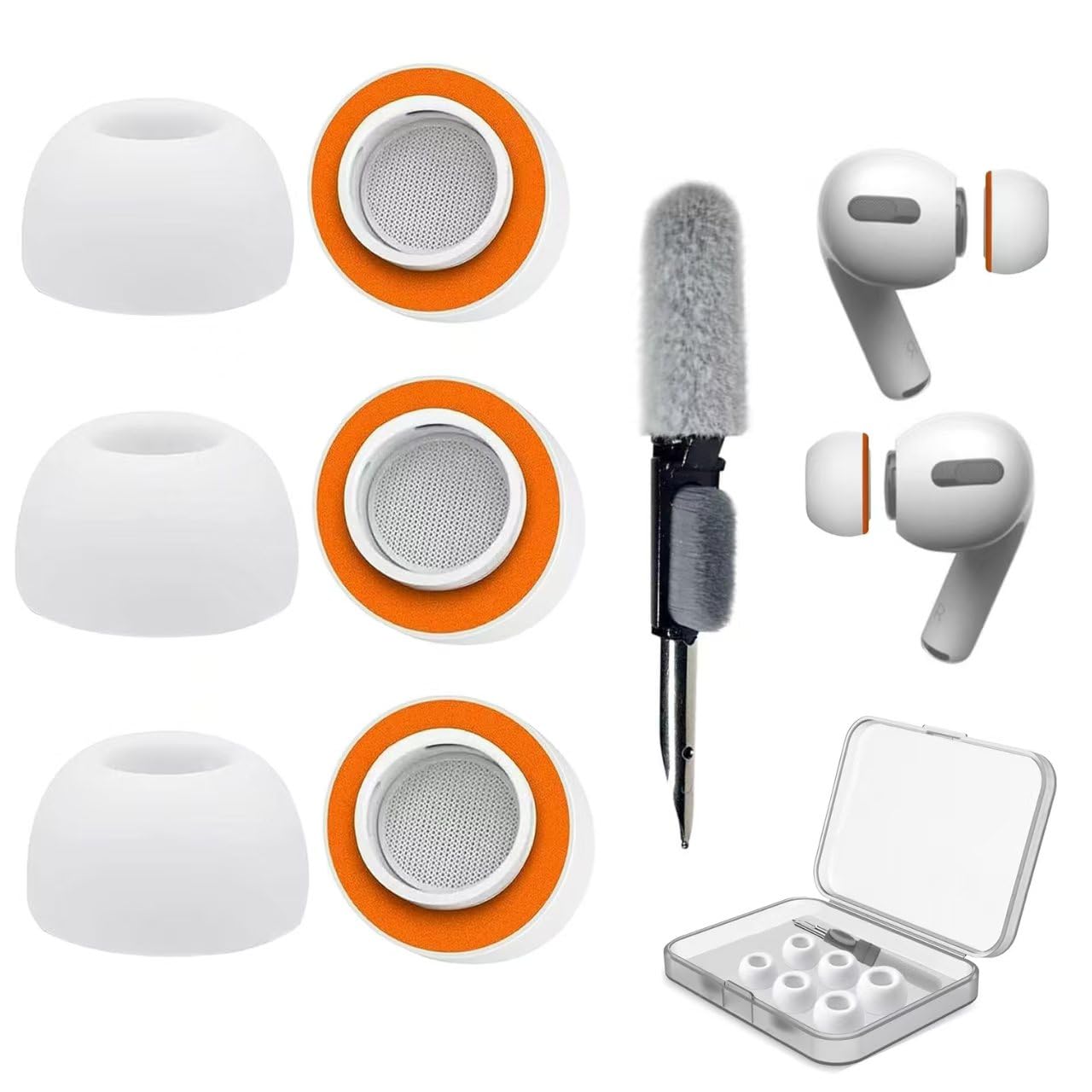 Photo 1 of FMFJS Memory Sponge AirPods 2 Generations Ear Tips Replacement Set with Cleaning Tool for AirPods Pro Ear Tips Replacement 3Pairs L/M/S White add Orange Add Silicone Memory Foam rebounces Slowly
