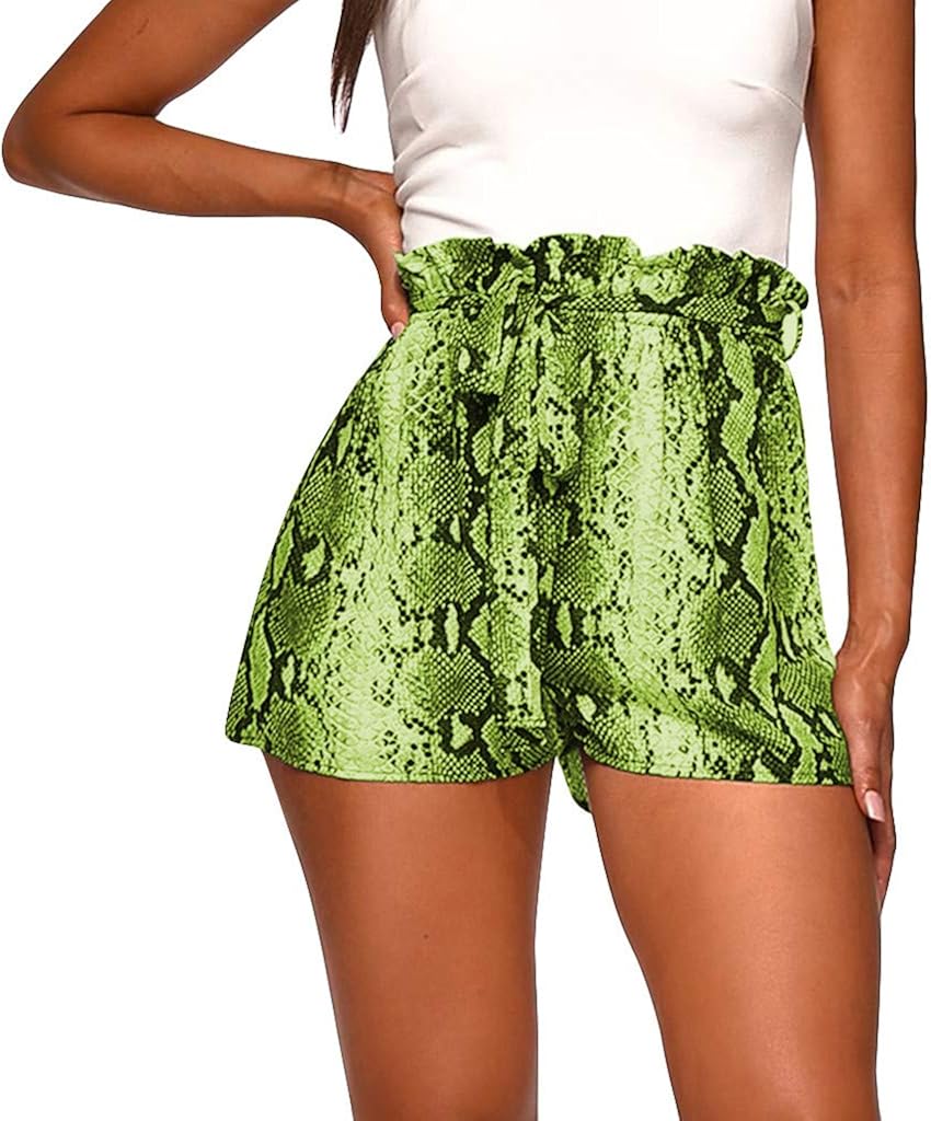 JOFOW Womens Shorts Snakeskin Python Pattern Print Drawstring LooseSummer Mini Pants