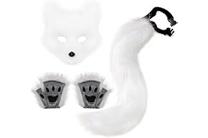 Adolala Faux Fur Fox Tail Cat Wolf Cosplay Costume Set Plush Mask Fluffy Paw Gloves Halloween Christmas Party for Girls Women