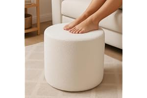KKdema Round Pouf Ottoman and Foot Rest, Soft Boucle Footstool Ottomans for Living Room, Comfort Sponge Stuffed Poofs for Couch Desk Resting Your Feet, White(17.1" D x 17.1" W x 14" H)