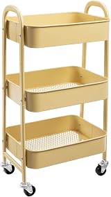 DOEWORKS Storage Trolley on Wheels 3-Tier Metal Cart 70cm Khaki Yellow