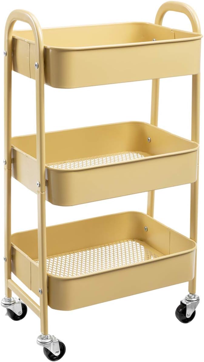 DOEWORKS Storage Trolley on Wheels 3-Tier Metal Cart 70cm Khaki Yellow