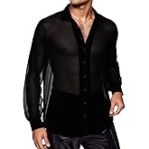 SEAUR Sheer Mesh Shirt for Men See Through Long Sleeve Button Down Nightclub Disco Party Rave Tops