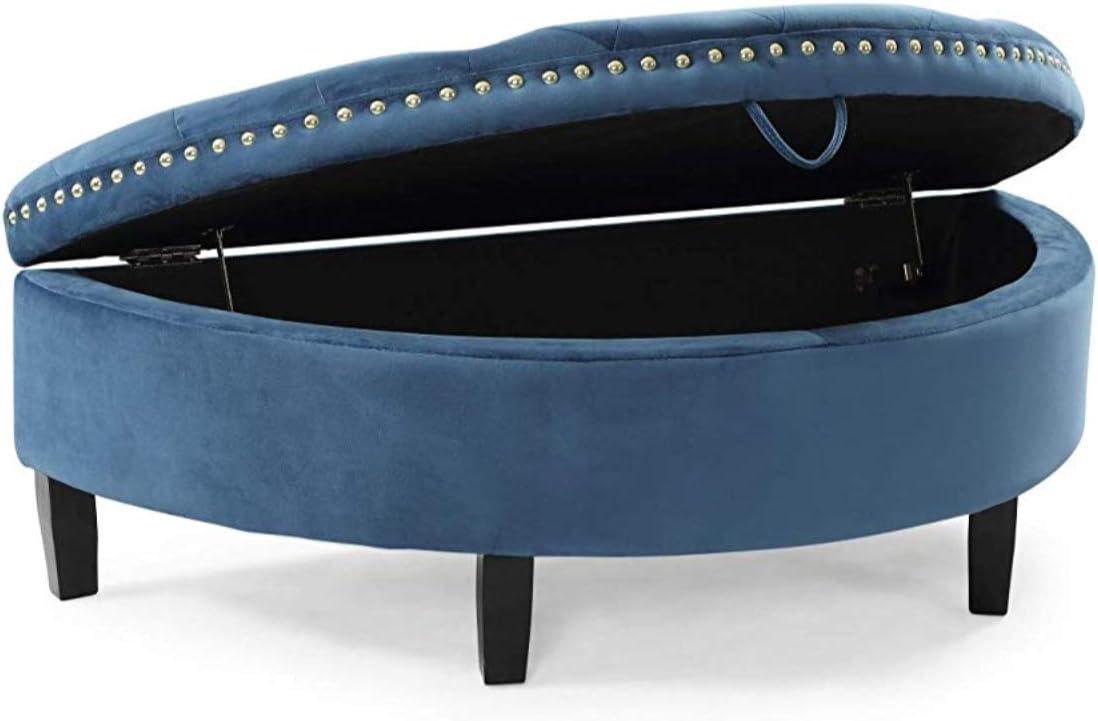 Iconic Home Jacqueline Half Moon Storage Ottoman Button Tufted Velvet Upholstered Gold Nailhead Trim Espresso Finished Wood Legs Bench Modern Transitional, Teal