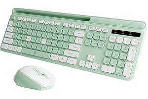 Green Wireless Keyboard and Mouse Combo, Ergonomic Keyboard 2.4G with Tablet Stand for Cellphone, Silent Mouse with 6 Buttons