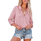 Aoudery Button Down Shirts for Women Long Sleeve Collared Blouses V Neck Work Business Office Tunic Chiffon Tops