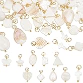 PH PandaHall 80pcs 10 Styles Natural Freshwater Shell Pendants Heart Star Oval Butterfly Charms Golden Charms Loose Pendants for Jewelry Making Bracelets Necklace DIY Craft
