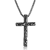 Valentines Day Gifts for Him- Cross Necklace for Men- Hammered Cross Pendant with Box Chain Vintage Unique Crucifix Necklaces for Men, Mens 18-24 Inches Chain Cross Necklace Christian Religious Christmas