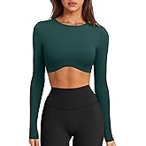LASLULU Womens Sexy Double Lined Long Sleeve Shirts Crewneck Workout Tops Athletic Yoga Shirts Going Out Crop Tops