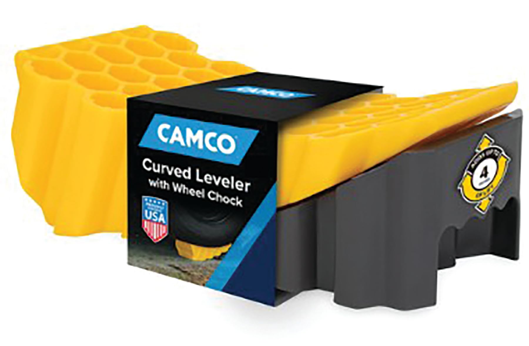 Camco Curved Camper/RV Leveler & Wheel Chock – Features Heavy Duty Honeycomb Design & Includes Non-Slip Rubber Grippers on Wheel Chock – Compatible w/Trailers Up to 30,000 lbs – 1-Pack (44423)