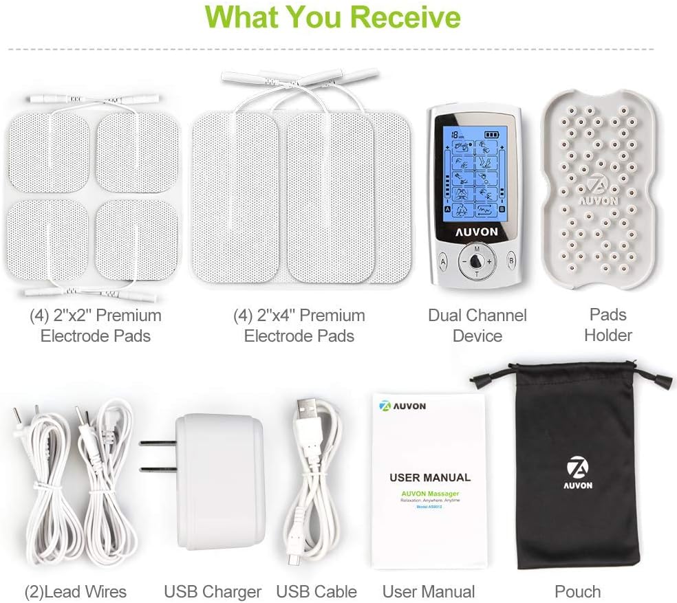 AUVON Dual Channel TENS Unit Muscle Stimulator Machine with 20 Modes, 2" and 2"x4" TENS Unit Electrode Pads: Health & Personal Care