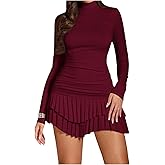 Milumia Women's Ruched Long Sleeve Mini Dress Mock Neck Ruffle Layered Cocktail Party Dresses