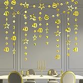 Gold 40th Birthday Garland Gold 40 Circle Dot Twinkle Star Streamer Fabulous 40 Birthday Party Hanging Ornament for Women & Men 40 Years Old Over The Hill Party Decorations 30 Feet