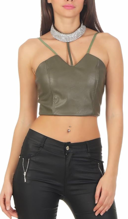 Fashion4Young 5035 Damen Bustier Top Korsage Weste Oberteil Lederimitat Glitzerhalsband bauchfrei