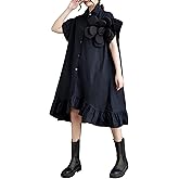 ellazhu Women's Dress Loose Irregular Ruffle Hem Flower Button Down V-Neck Short Sleeve Shirt GZ210