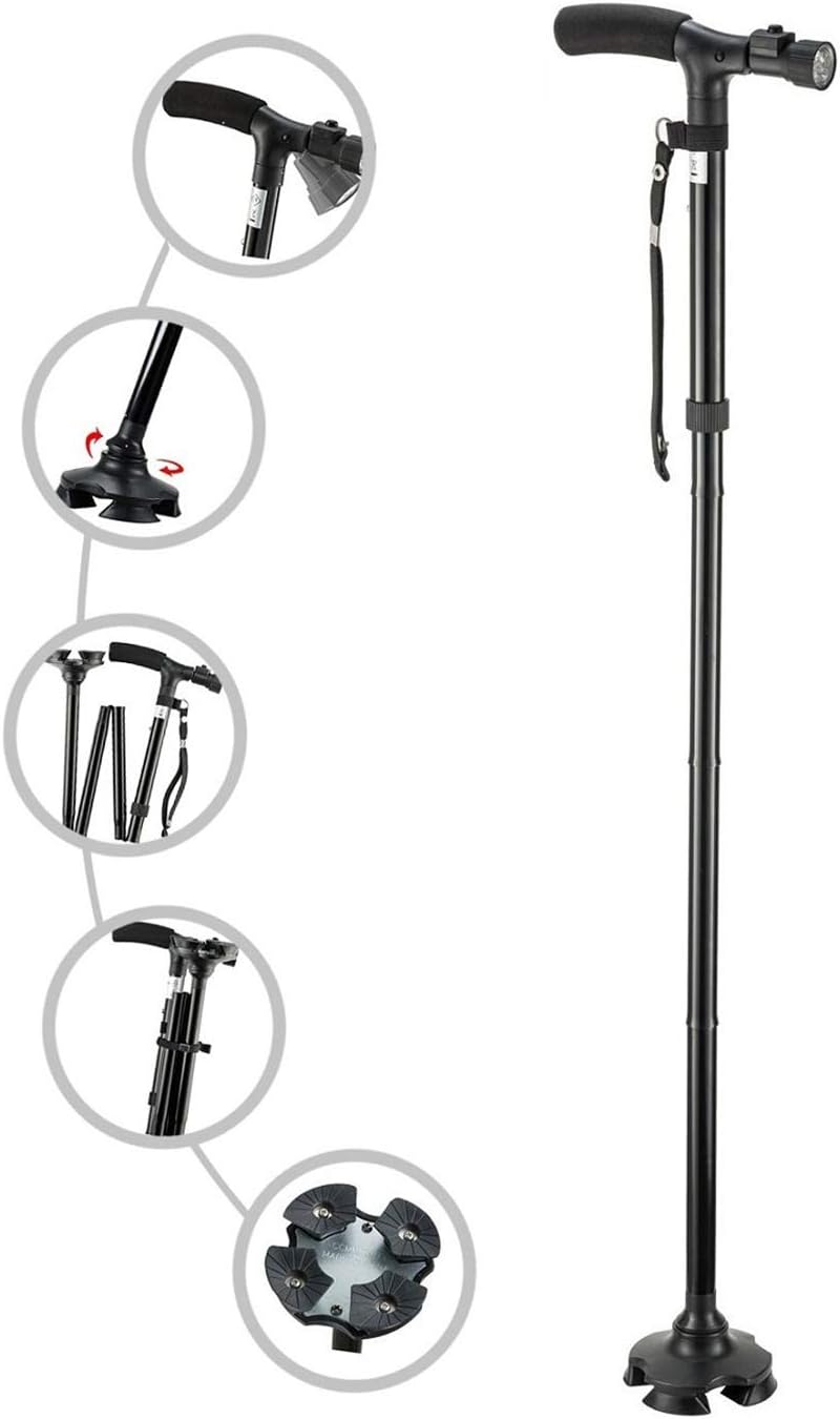 ArmaGedon Folding Cane with Led Light, Dependable Adjustable Height Lightweight Folding Walking Stick Cane with Cushion T Handle and Pivoting Quad Base