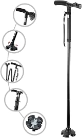 RUNZI Folding Cane with LED Light Adjustable Quad Base 53-25 In Titanium